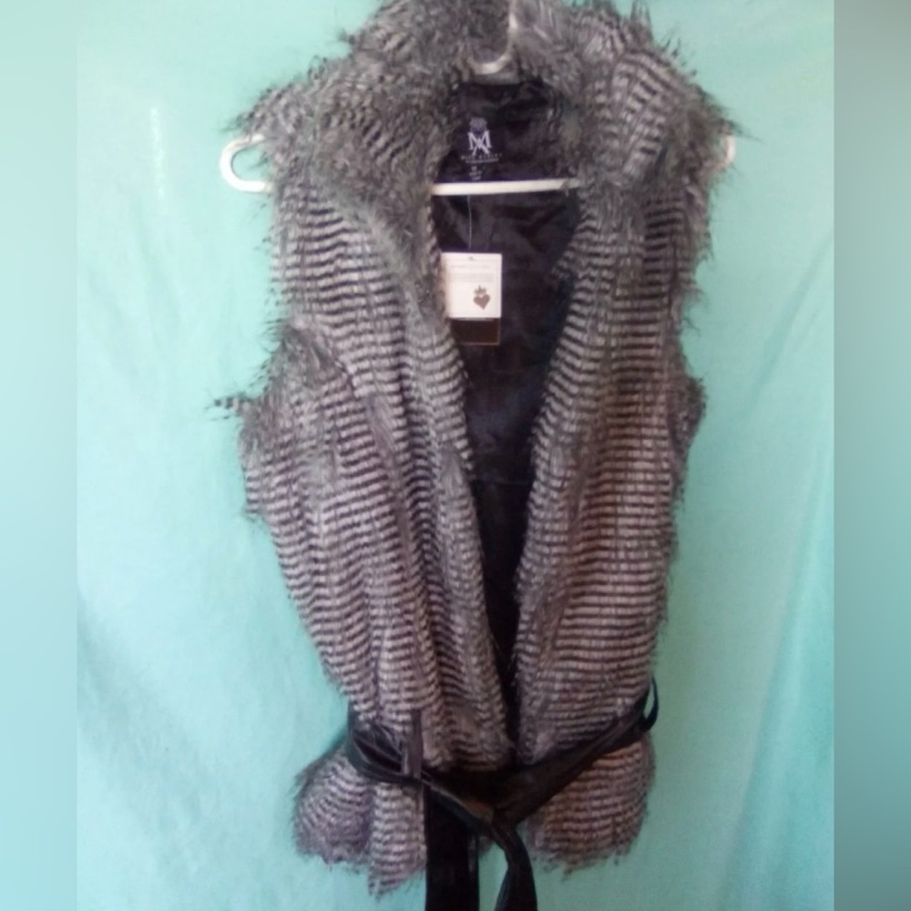 Miss Ashley Faux Fur Vest With Belt Grey & Black